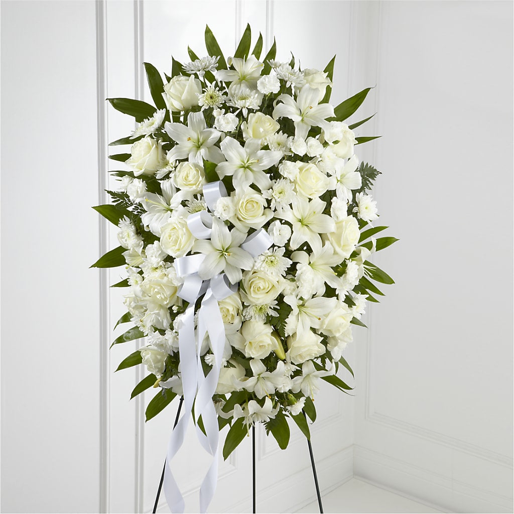 Exquisite Tribute Standing Spray-White Ribbon – Ashland Floral Gardens Llc, Ashland OH