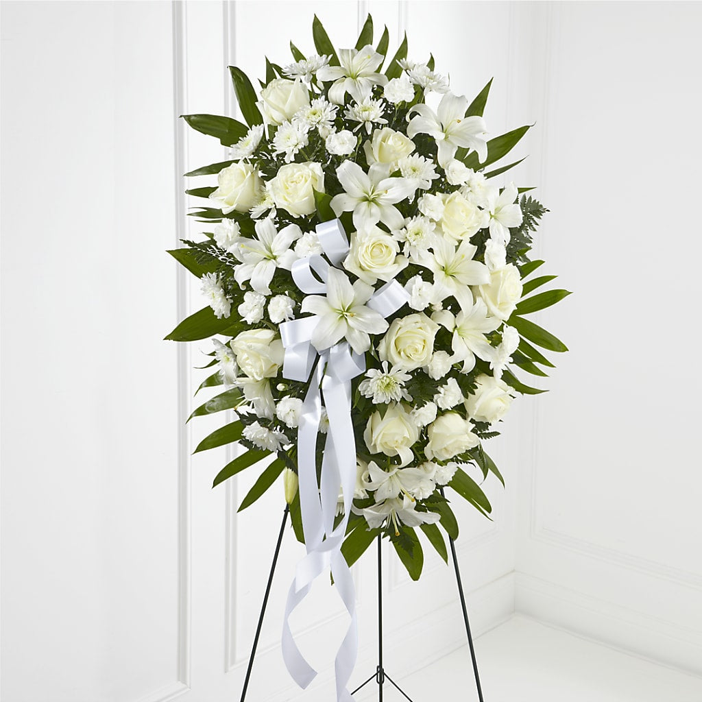 Exquisite Tribute Standing Spray-White Ribbon – Ashland Floral Gardens Llc, Ashland OH